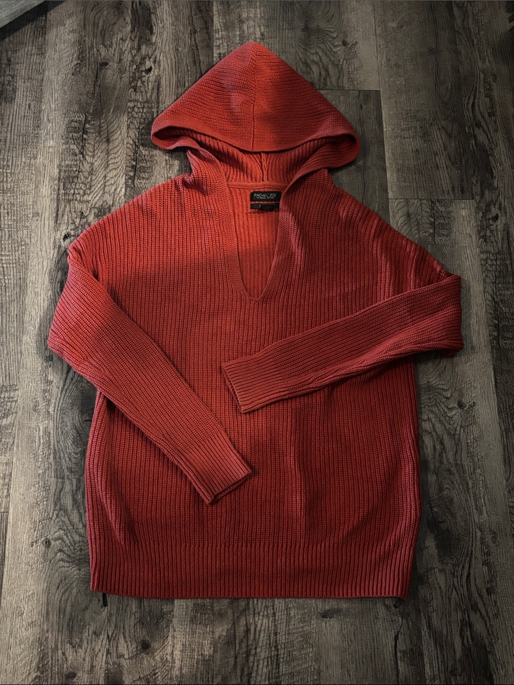 Rachel Zoe V-Neck Hooded Sweater - Rust Orange - Size Large